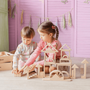 Children playing creative building blocks. Pythagoras Set