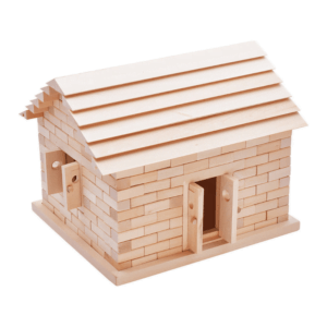 Wooden house assembled from natural building block set Kubihouse, house with door and windows